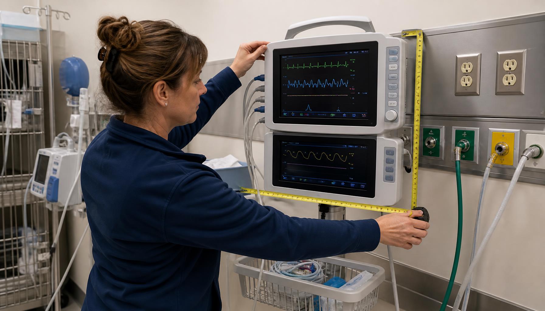 A veterinary facilities manager measures clearance around a dual-unit ICU monitor near grounded electrical outlets and oxygen supply connections.