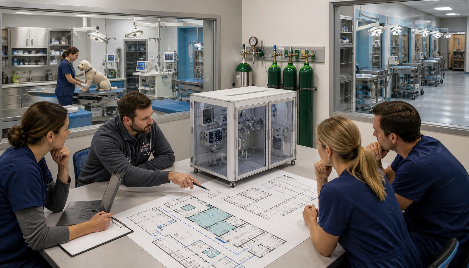 A clinic planning meeting compares the footprint of a veterinary ICU cabin with available treatment-room circulation and oxygen infrastructure.