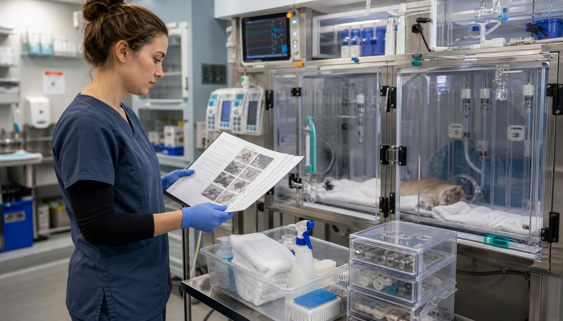 A veterinary technician reviews manufacturer documentation beside enclosed ICU equipment, focusing on cleaning responsibilities and replacement-part records.