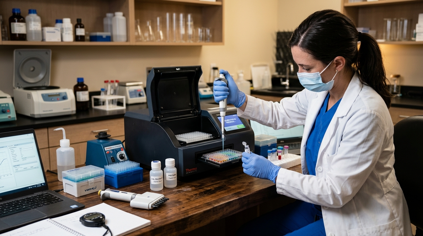 Veterinary laboratory technician calibrating a microplate reader on a stable benchtop away from direct ambient light sources to prevent optical interference.