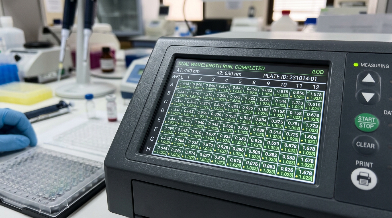 Close-up of an optical density readout screen displaying dual-wavelength measurement data for a 96-well microplate run in a clinical setting.