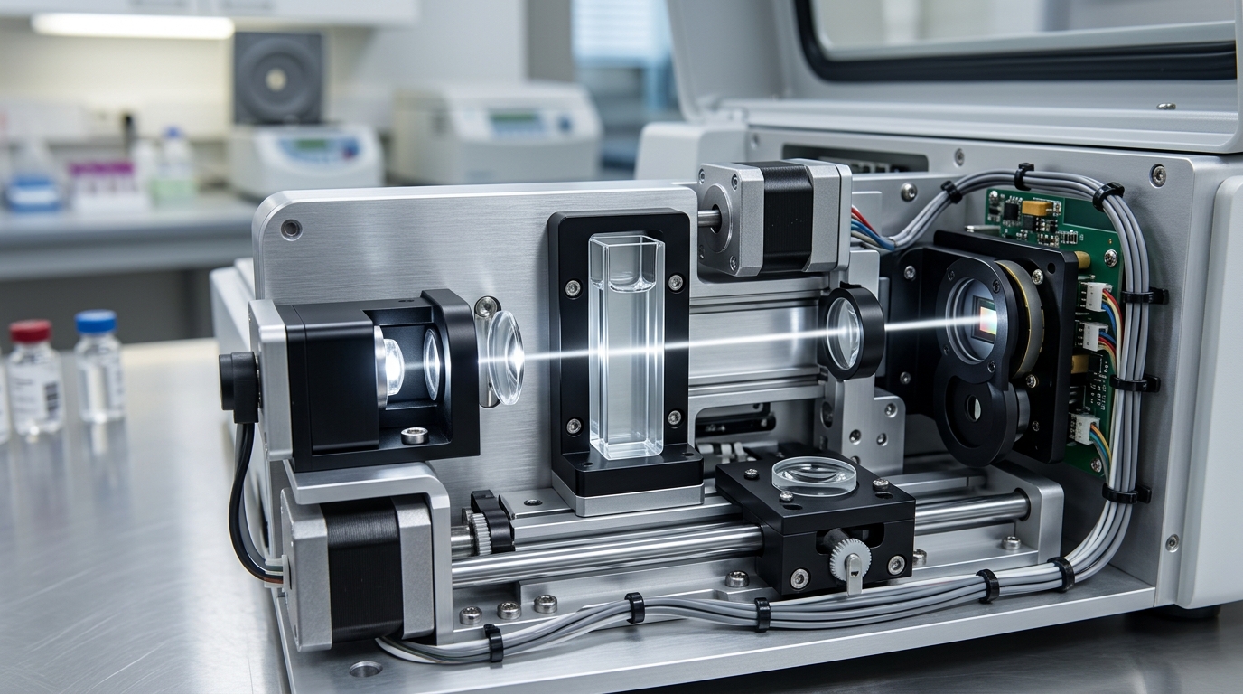Internal optical transport mechanism of a diagnostic analyzer showing clean sensor paths critical for accurate light transmission.