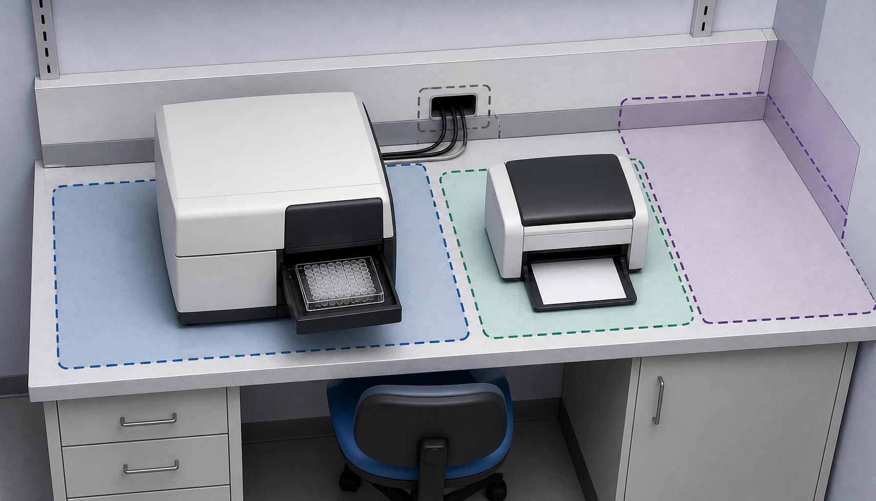 A conceptual bench layout shows an Elisa Reader, separate printer, cable access, and reserved service space, distinguishing the instrument footprint from the surrounding workstation without assigning unverified clearance dimensions.