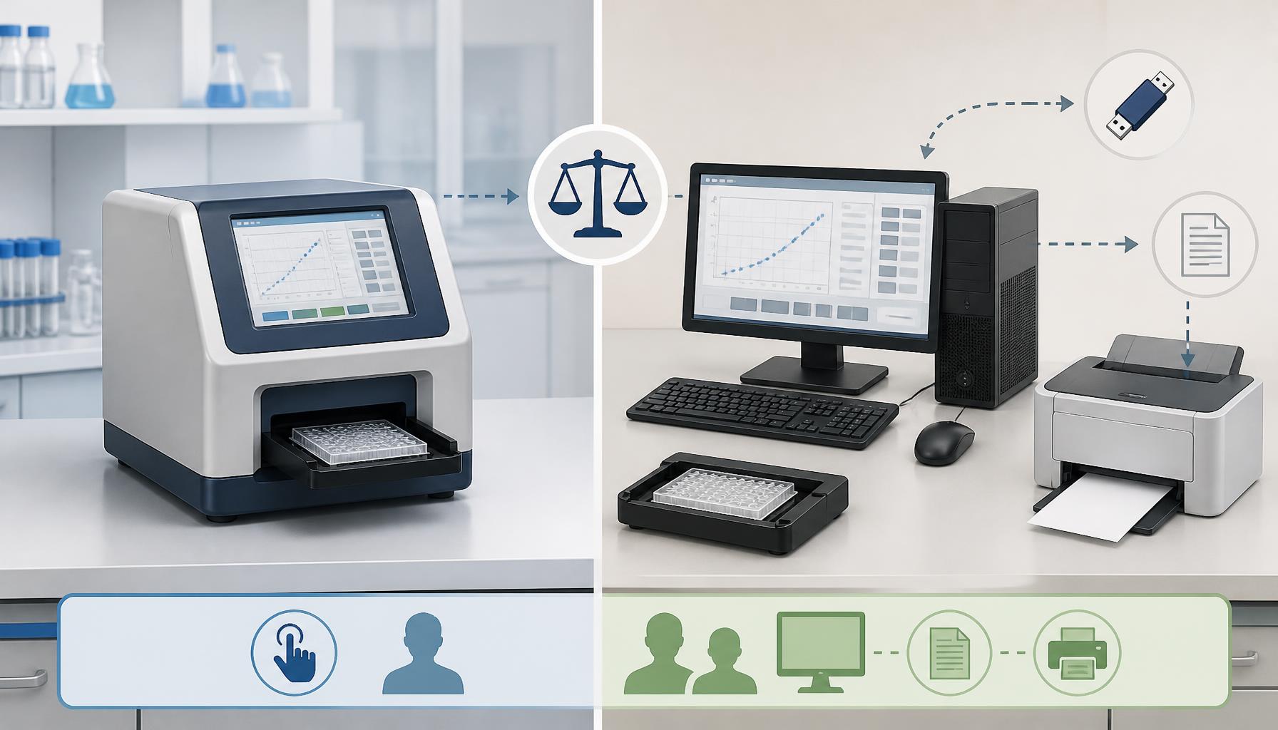 A conceptual Elisa Reader workstation comparison shows a touchscreen-equipped instrument beside an external-computer arrangement, with separate printer and data-transfer elements illustrating procurement choices rather than specific product appearances.