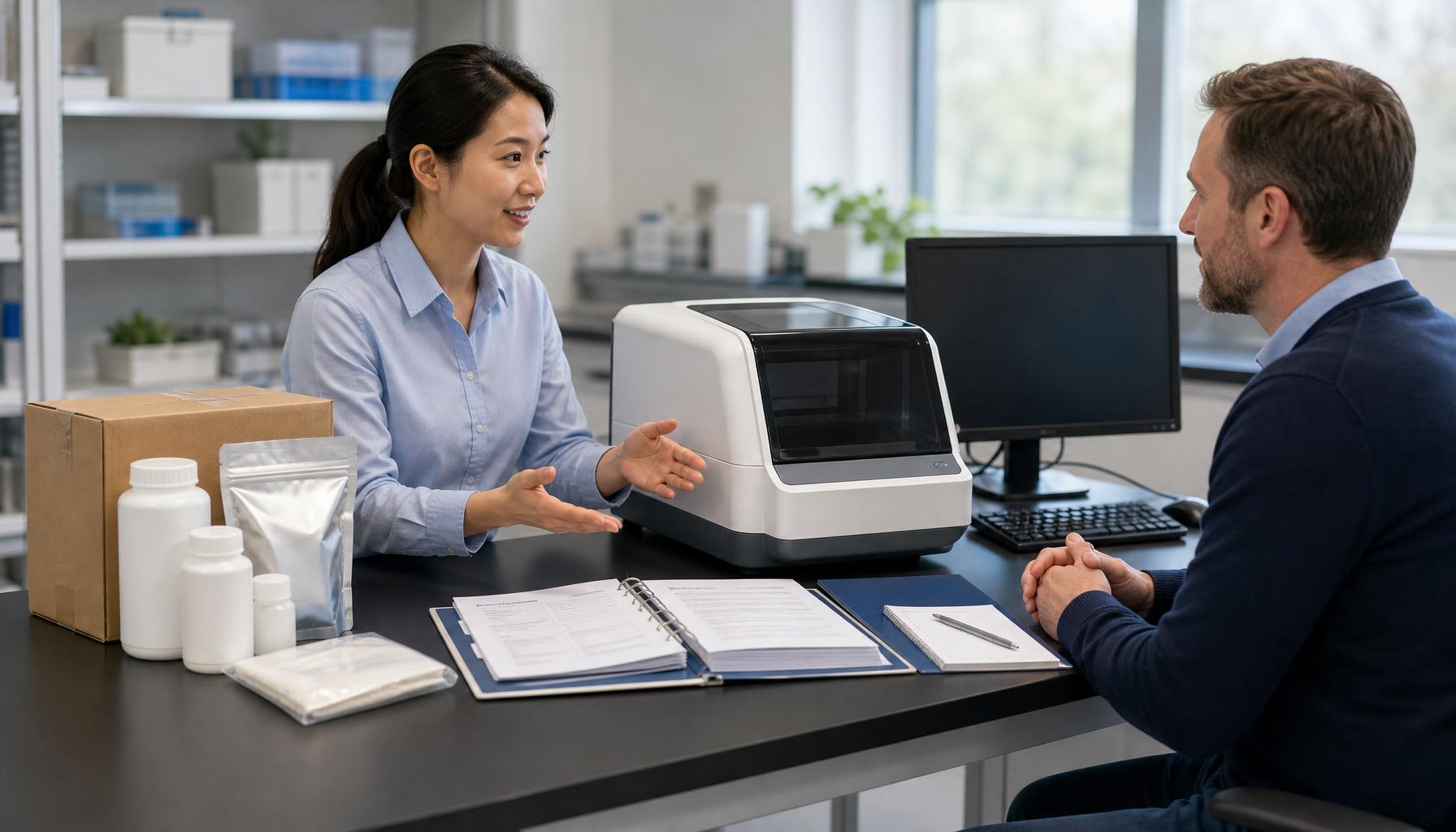 A conceptual Elisa Reader handover scene shows an instrument, computer, documentation, and unopened cleaning supplies arranged for discussion of training and maintenance responsibilities, without depicting a cleaning or repair procedure.