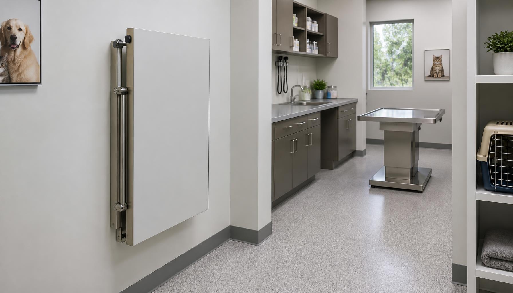 A wall-mounted folding veterinary examination table shown closed against a clinic wall, leaving an unobstructed passage for staff and animal carriers.