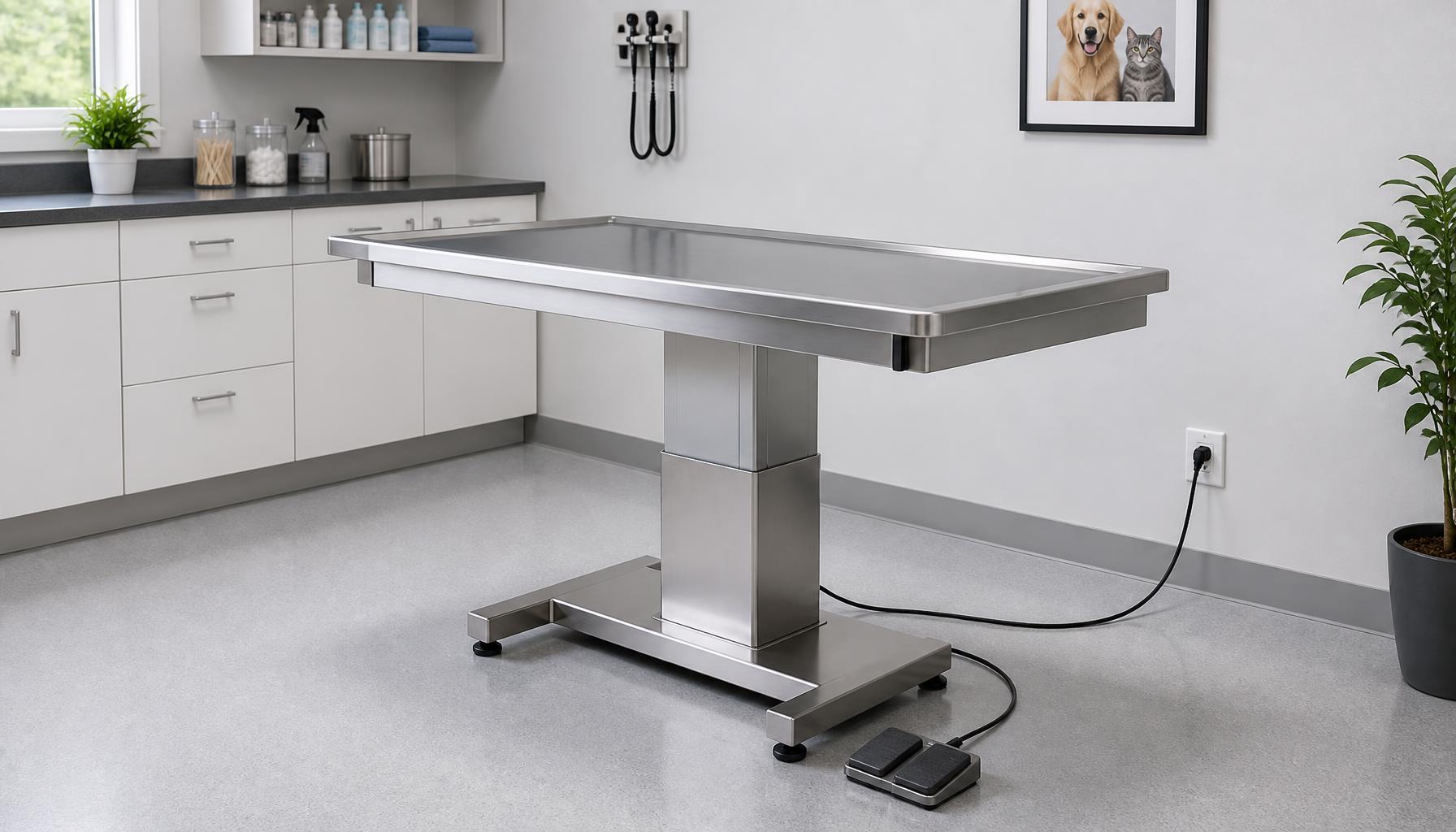 An electrically height-adjustable stainless steel veterinary examination table with a foot pedal, positioned near a wall outlet and clear floor space.