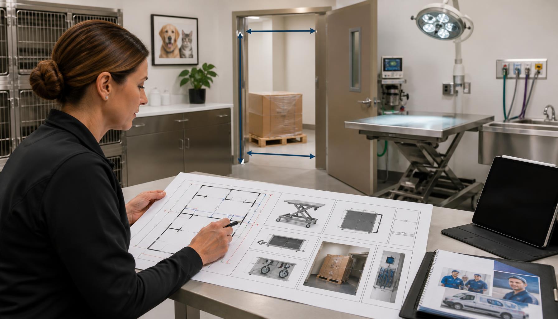 A procurement manager reviewing a veterinary equipment delivery plan that includes door widths, table package dimensions, utility access, and service contacts.