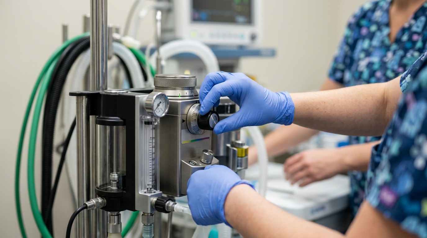 Close-up of a veterinary technician adjusting the precision dial on a multi-gas vaporizer unit, ensuring stable anesthetic depth.