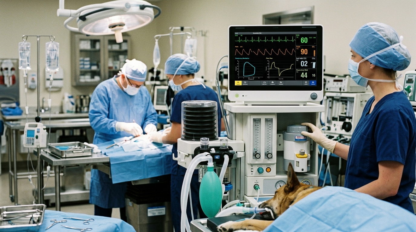 Veterinary anesthesia machine integrated with a multi-parameter monitor during a canine surgical procedure, displaying respiratory mechanics.