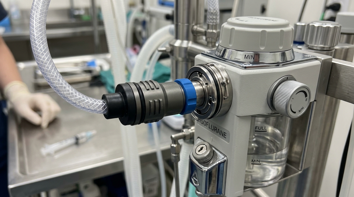 Close-up of a keyed-fill adapter securely attached to a veterinary vaporizer, demonstrating the prevention of liquid agent spillage.