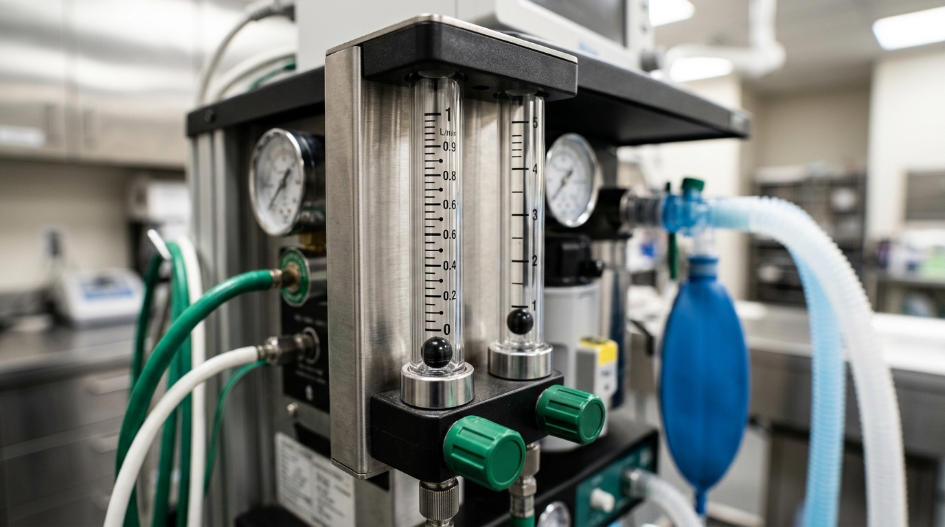 High-contrast dual-tube oxygen flowmeter on a veterinary anesthesia unit displaying fractional graduation markings for small patient weight classes.