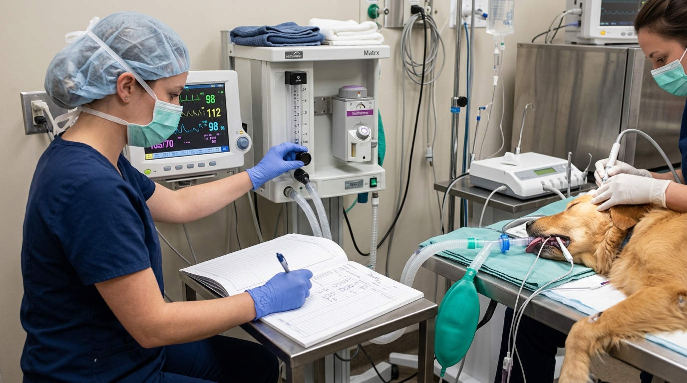 Veterinary technician charting anesthetic parameters while adjusting the oxygen flowmeter knob during a routine canine dental procedure.