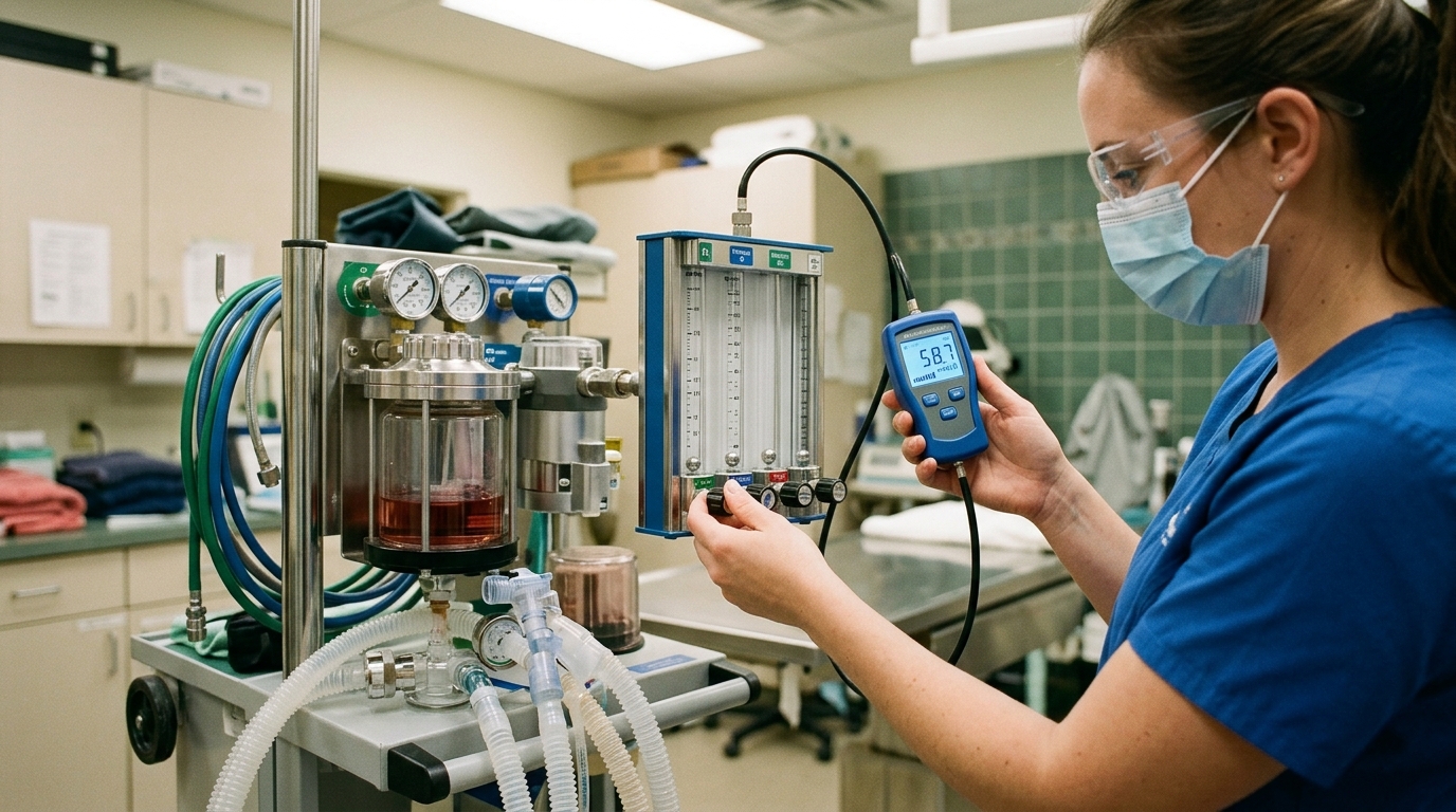 Biomedical technician performing a pressurized leak test on a veterinary anesthesia machine using a digital manometer to verify flowmeter integrity.
