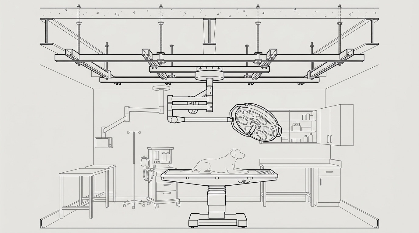 Cross-section schematic of a unistrut grid suspension system supporting a heavy-duty surgical light mount above a veterinary operating table.