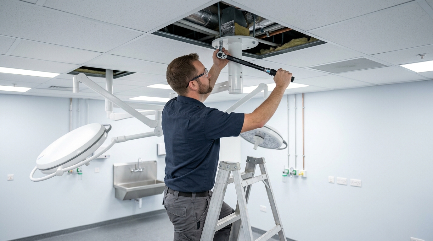 Technician using a torque wrench to verify the bolt tension on a ceiling-mounted surgical light flange in a newly constructed veterinary hospital.