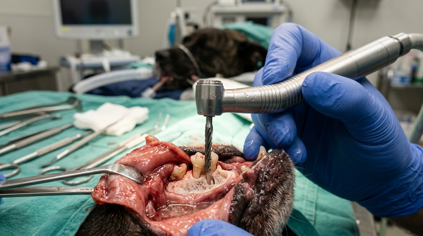Close-up of a veterinary dental turbine showing the chuck and bur assembly designed for high-torque cutting through dense alveolar bone in a clinical setting.