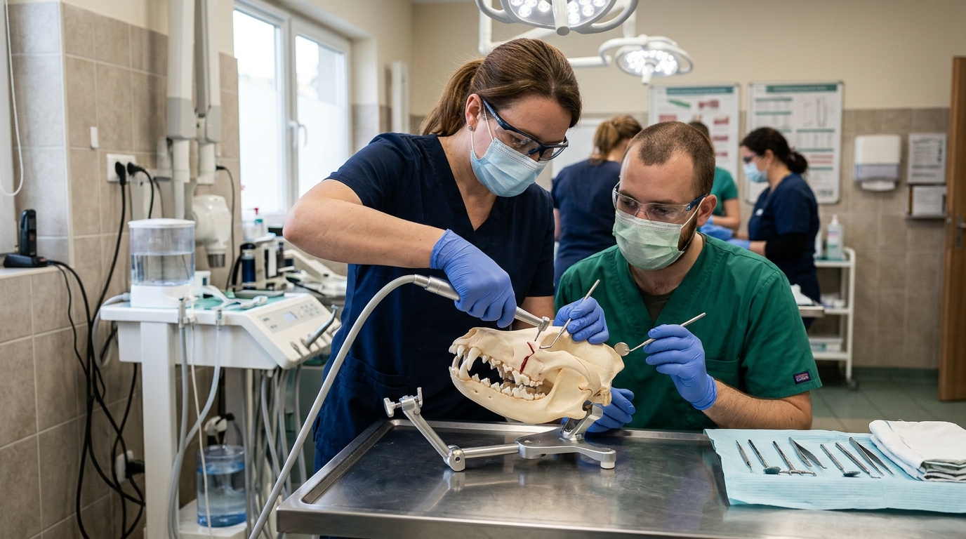 Veterinary training session showing a standardized sweeping technique for tooth sectioning on an anatomical model to prevent turbine stalling.