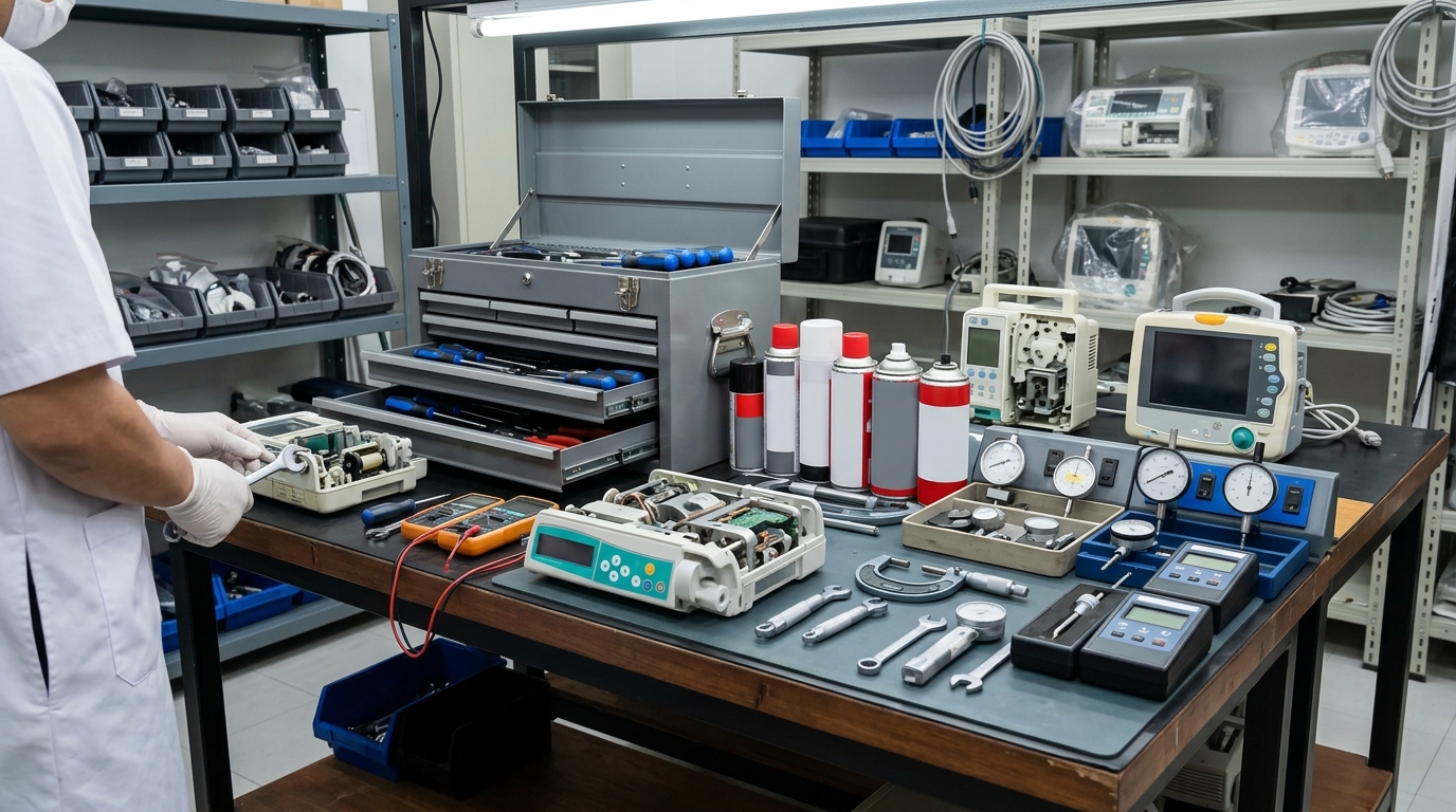 Clinical workspace displaying organized maintenance tools, including spray lubricants and bearing testing gauges, required for daily equipment care.