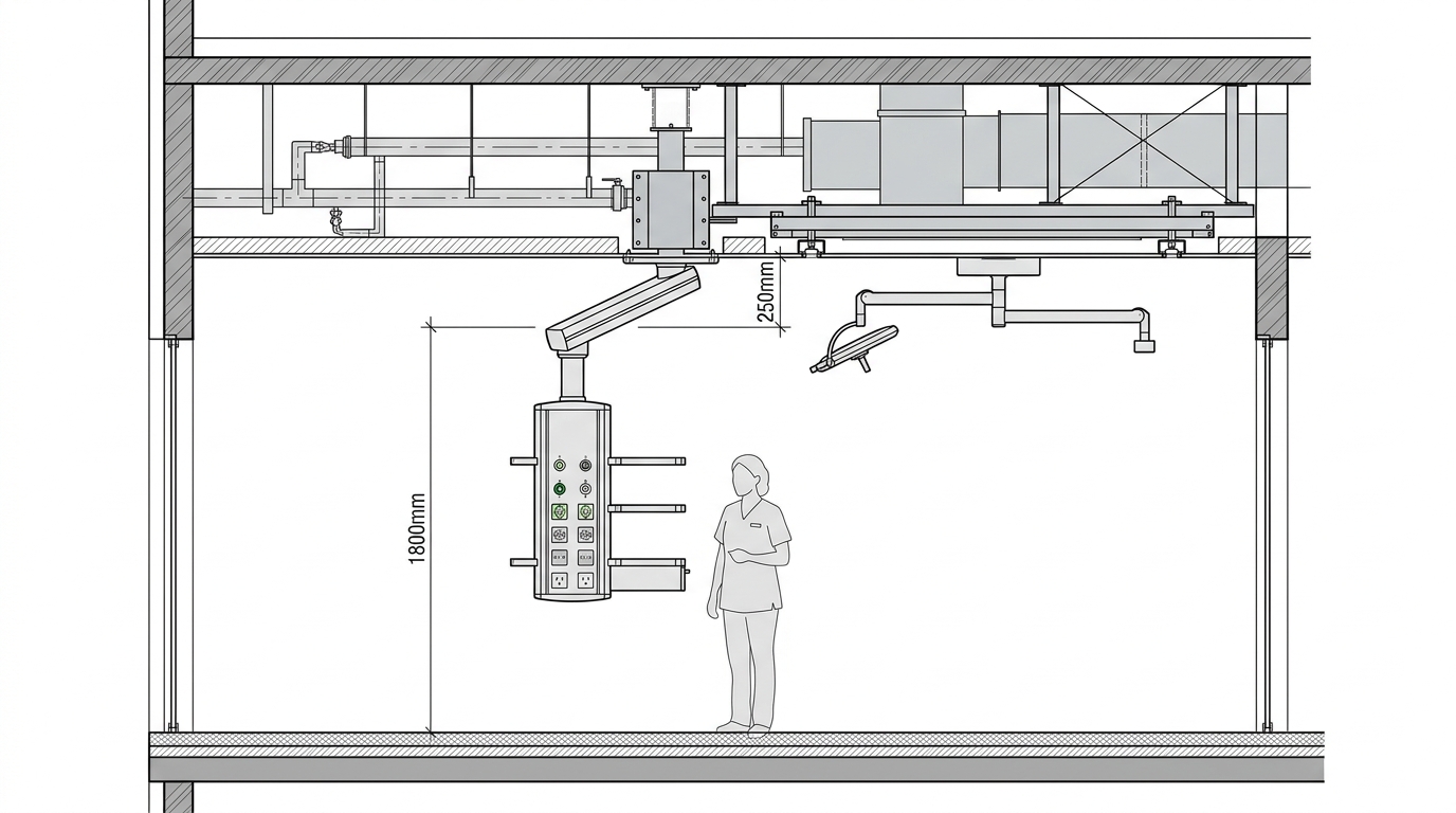 Architectural cross-section diagram of an ICU pendant installation detailing the 1800mm floor clearance and 250mm vertical offset from overhead surgical lighting tracks.