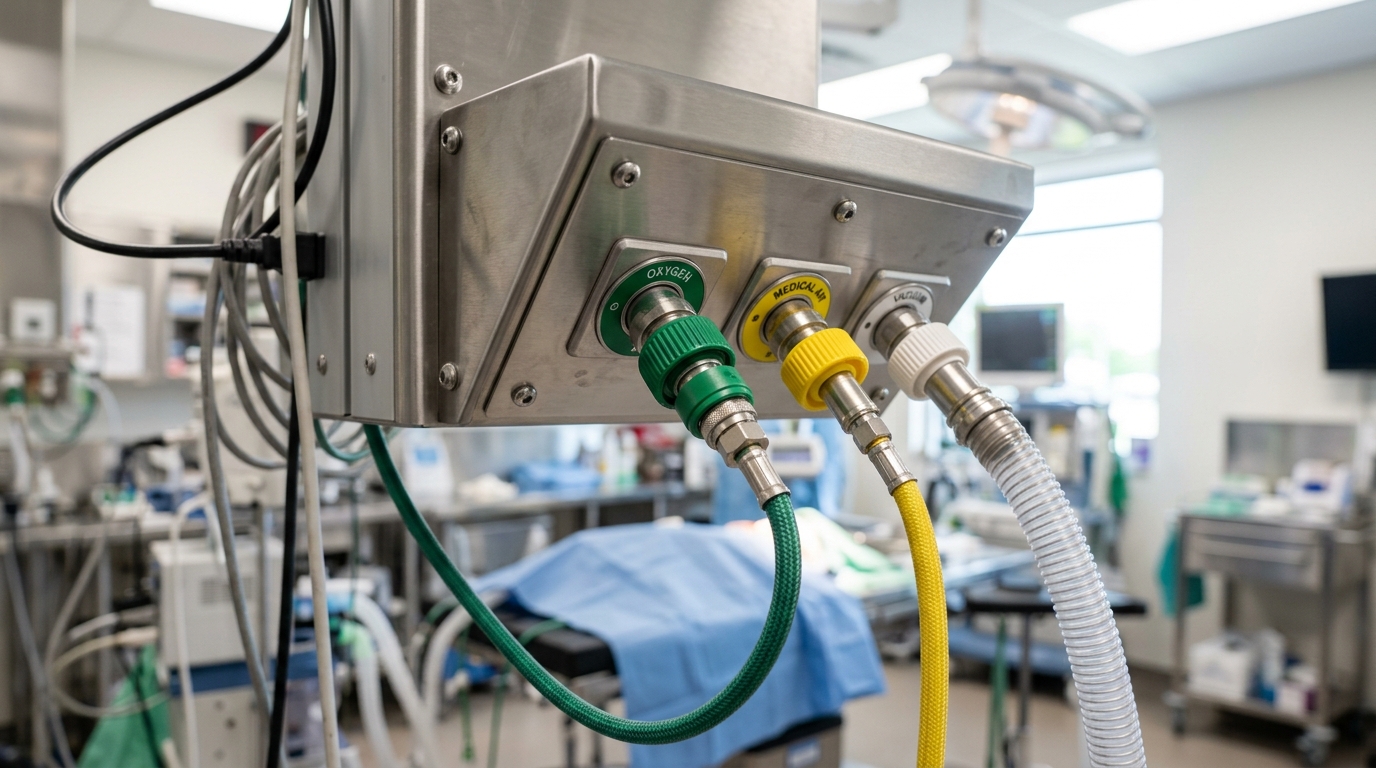 Close-up of veterinary medical gas outlets installed at a 45-degree downward angle on a pendant console to prevent hose kinking and optimize space.