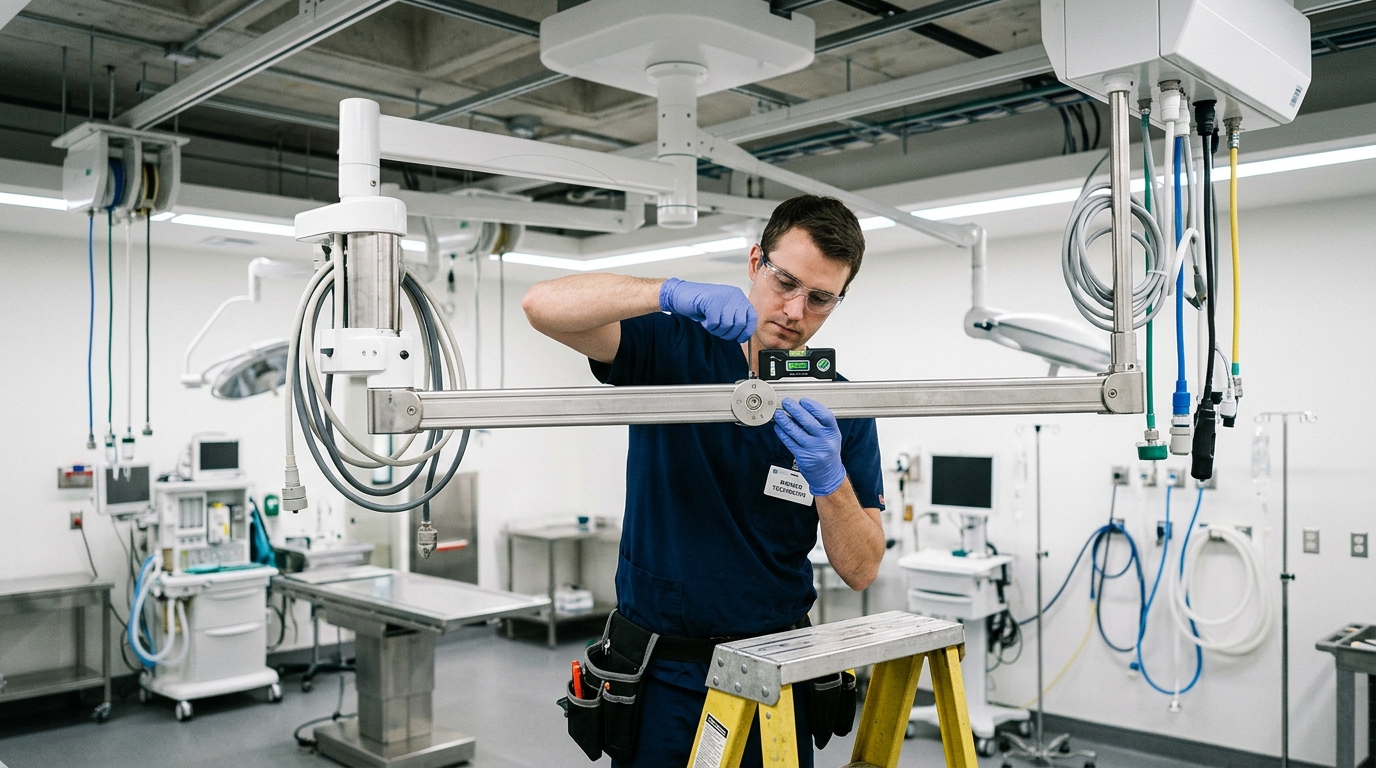 Technician using a digital level to calibrate the horizontal articulation arm of a ceiling-mounted veterinary pendant during routine annual maintenance.