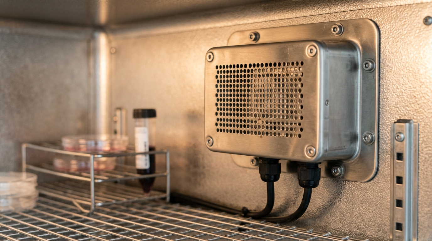 Close-up of an internal temperature and humidity sensor array inside a veterinary laboratory incubator, highlighting the protective stainless steel casing.