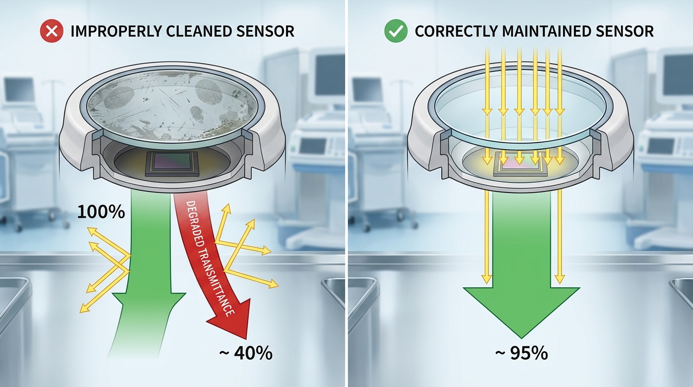 Side-by-side comparison chart showing the light transmittance degradation of an improperly cleaned photodiode versus a correctly maintained sensor.