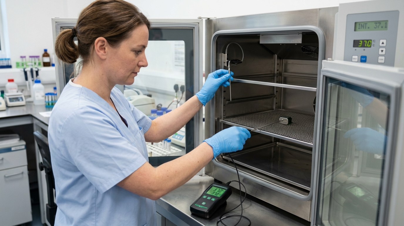 Laboratory technician using an independent digital reference thermometer placed in the geometric center of the incubator to verify internal sensor accuracy.