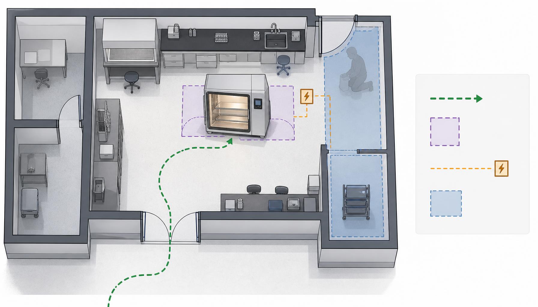 A conceptual illumination incubator sits within a laboratory floor plan showing a delivery route, door-opening space, electrical connection location, and service access areas without assigning numerical clearance requirements.