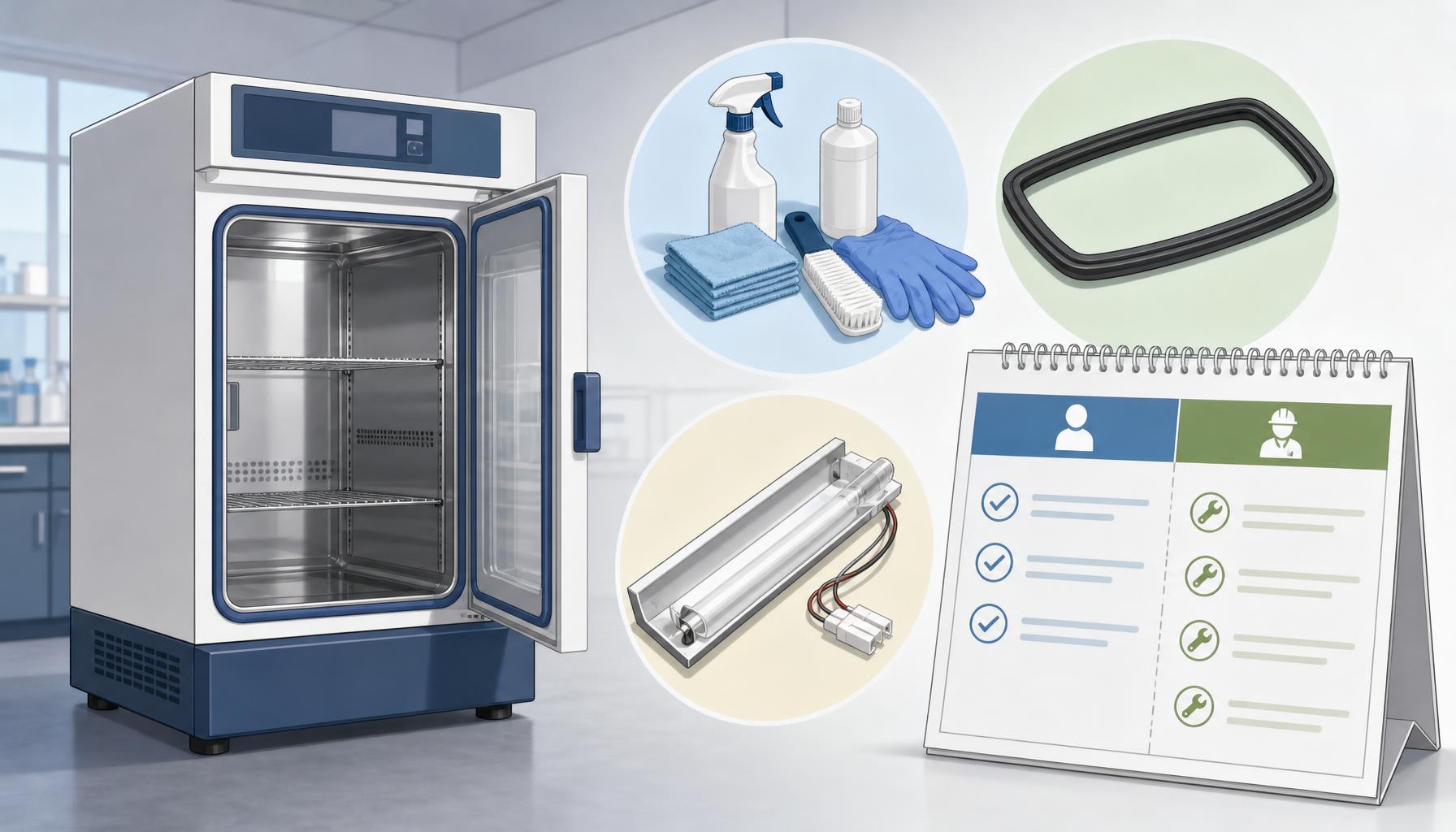 A conceptual laboratory incubator is shown beside separate cleaning supplies, a door seal, and a lighting assembly, with a maintenance document distinguishing staff responsibilities from authorized service tasks.