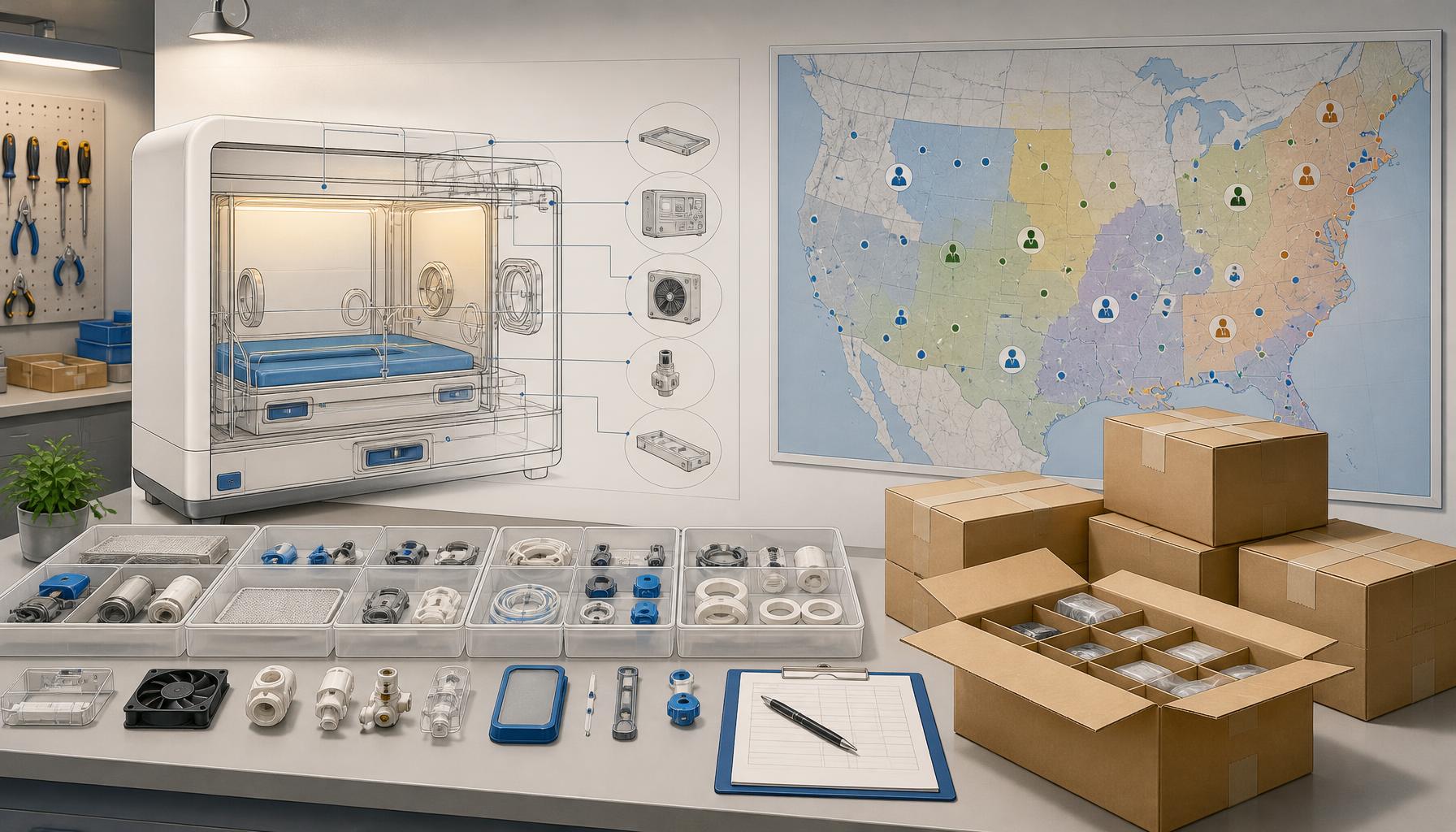 A conceptual service planning workspace contains an illumination incubator diagram, individually organized replacement components, shipping cartons, and a regional map representing parts distribution and technician coverage.