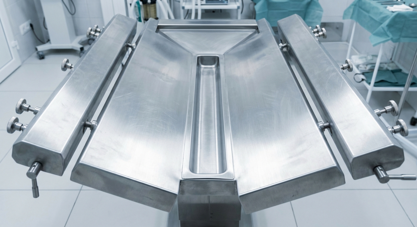 Top-down view of a high-grade stainless steel V-top veterinary operating platform showing the integrated fluid drainage trough and heavy-duty adjustable side panels.