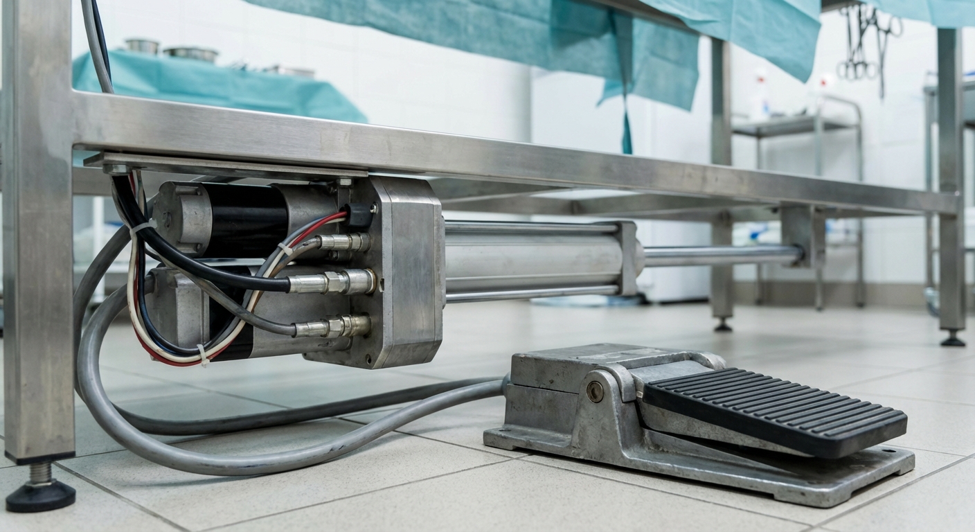 Close-up of a heavy-duty electric actuator and foot pedal control system integrated into the chassis of a high-end veterinary operating platform.