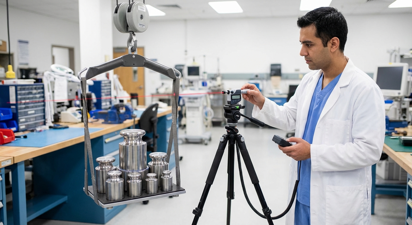 Biomedical technician utilizing a laser micrometer and calibrated weights to perform a dynamic load capacity test on a clinical lift mechanism.