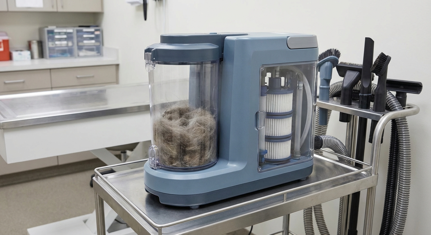 A professional grooming vacuum displaying a clear 3-liter collection bin and multi-stage HEPA filtration system designed for veterinary use.