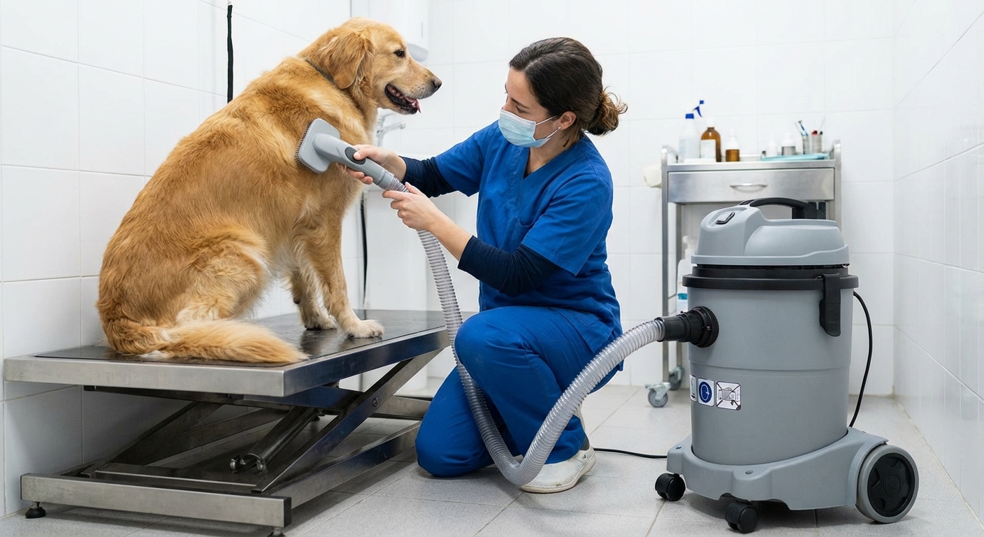 Groomer demonstrating the ergonomic use of a deshedding tool attached to a high-capacity grooming vacuum in a clinical setting.
