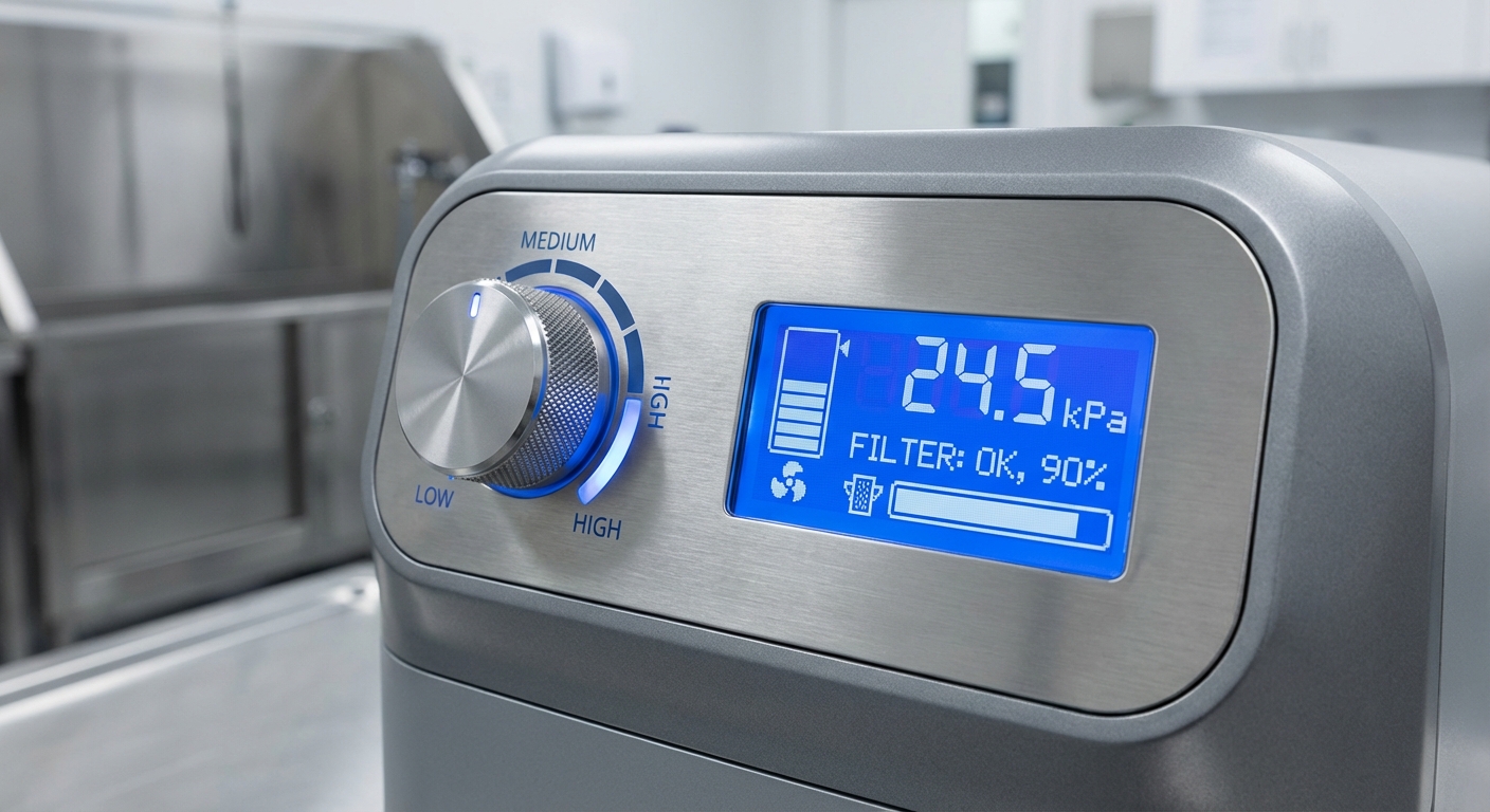 A detailed view of a variable speed control dial and an LED display showing suction pressure and filter status on a modern grooming vacuum.