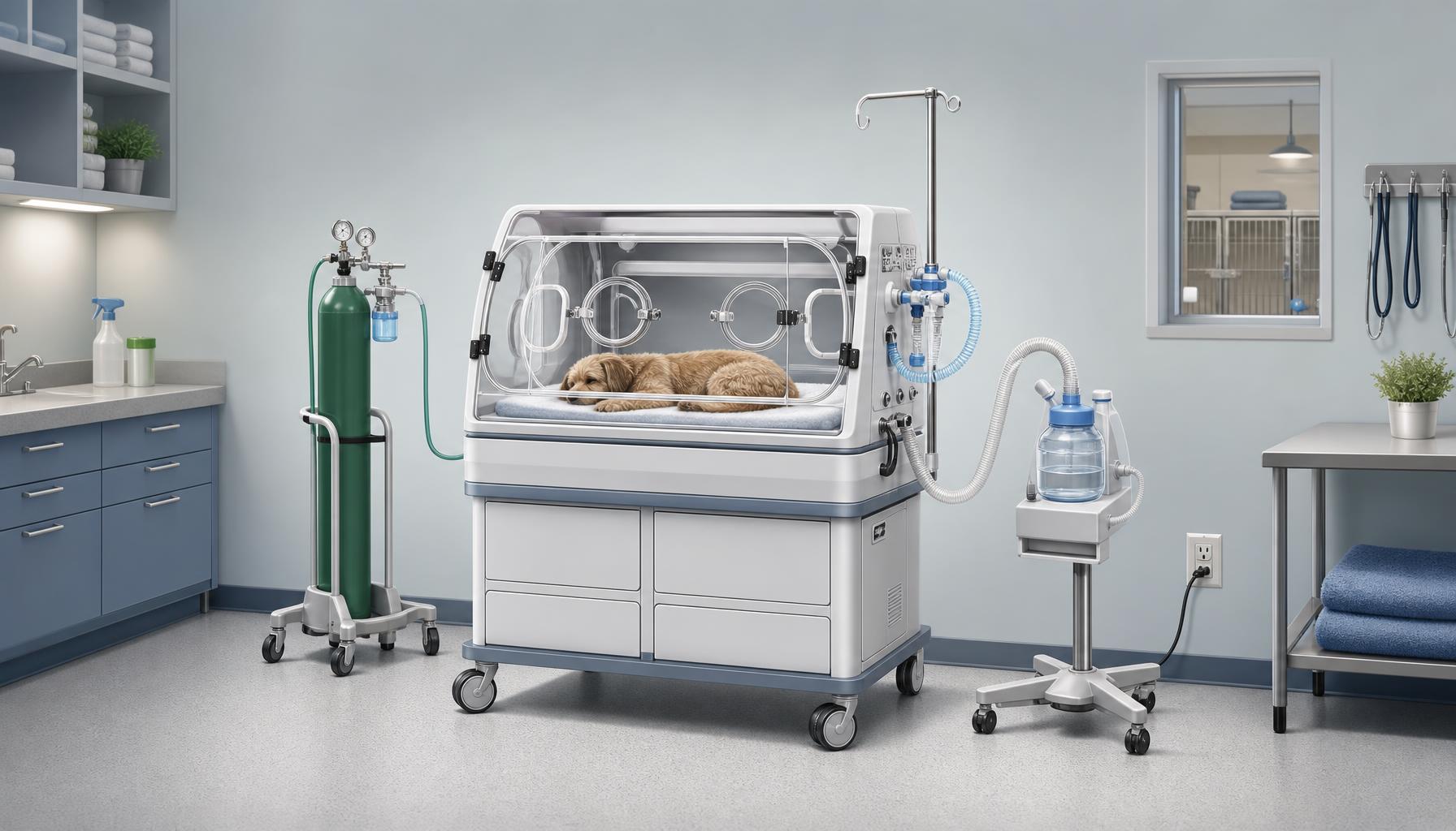 AI-generated illustration: Conceptual illustration of a veterinary ICU incubator in a treatment area, with clear space around the cabinet for staff access, an oxygen source, external humidification equipment, and a nearby power outlet.