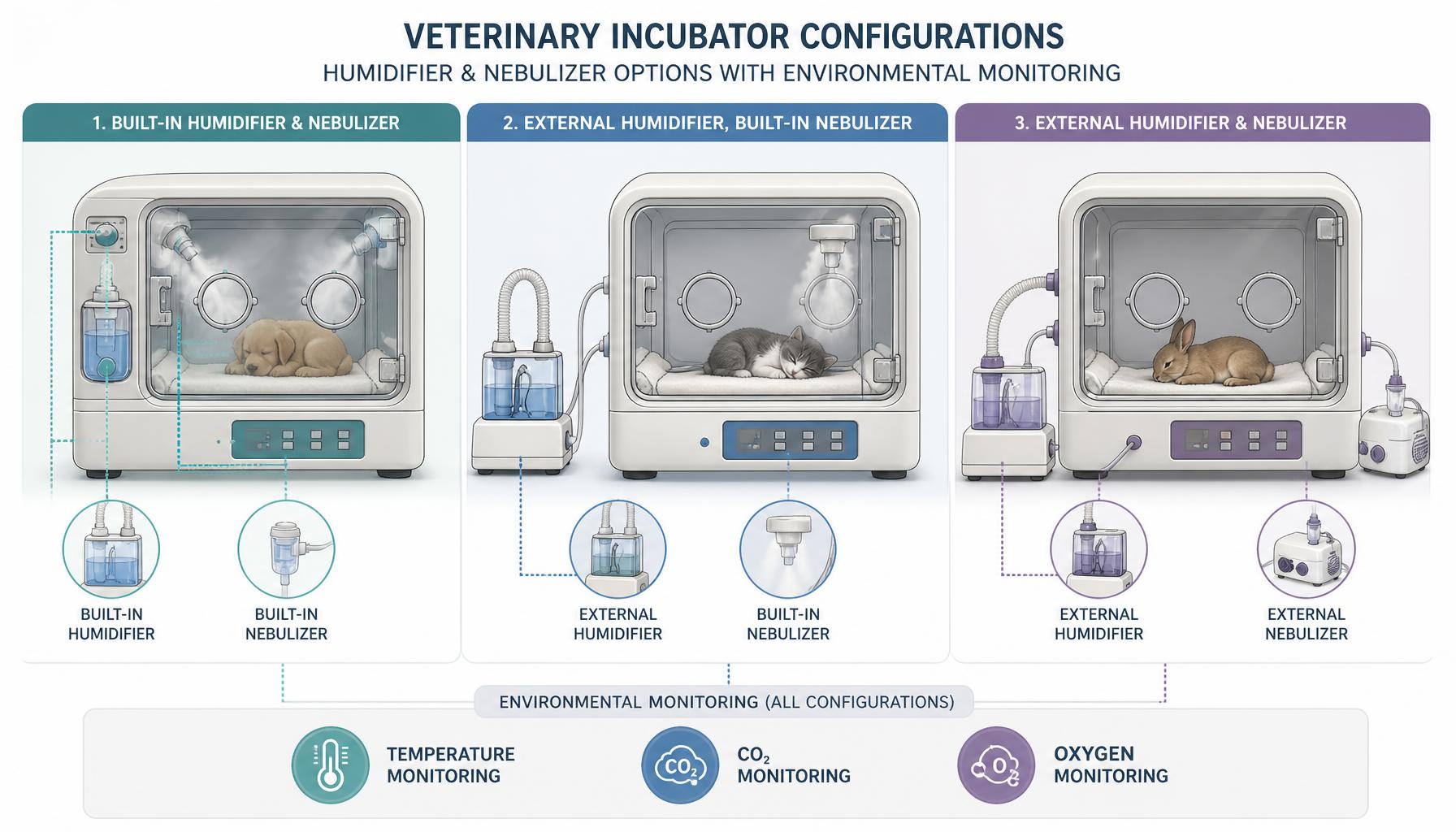 AI-generated illustration: Conceptual comparison diagram showing three veterinary incubator configurations with built-in versus external humidifier and nebulizer accessories, alongside temperature, CO2, and oxygen monitoring labels.