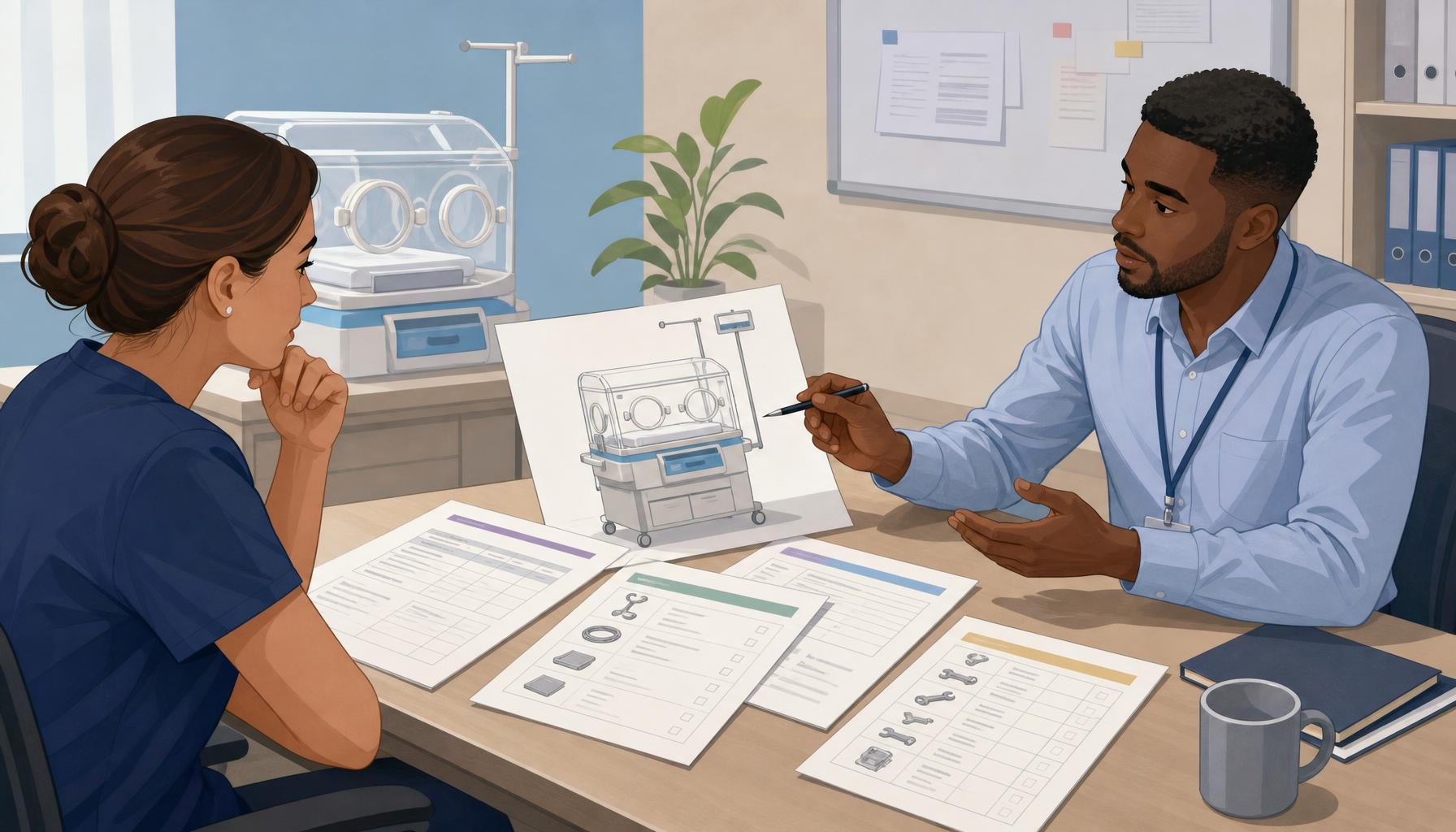 AI-generated illustration: Conceptual procurement meeting with a clinic manager reviewing an incubator quotation, electrical specification sheet, accessory list, calibration documents, and replacement-parts checklist.