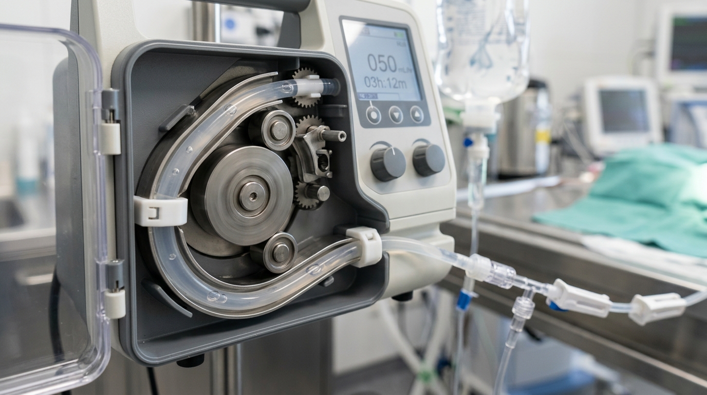 Close-up of a veterinary peristaltic pumping mechanism engaging clear silicone intravenous tubing during a continuous rate infusion setup.