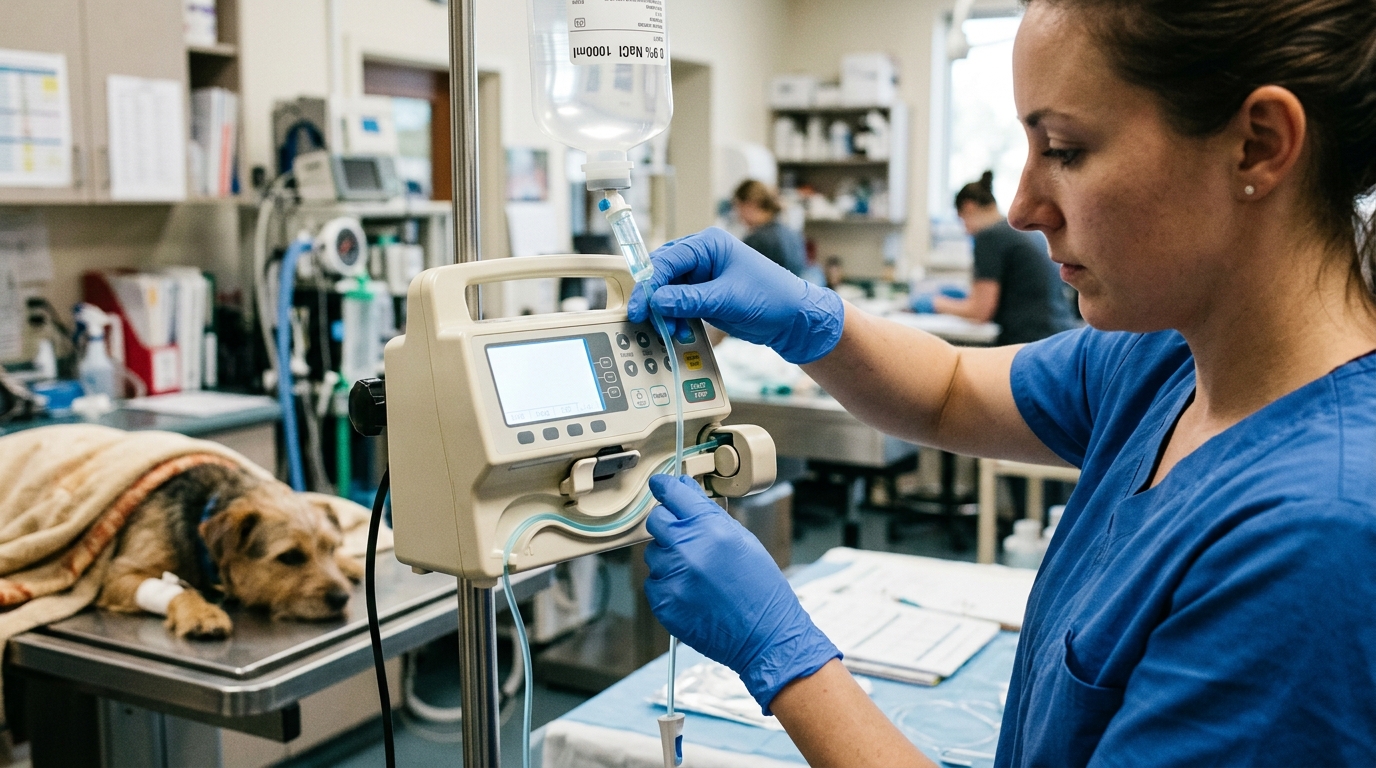 Veterinary nurse properly loading an intravenous line into the sensor channel of an automated fluid delivery device to prevent flow occlusion.