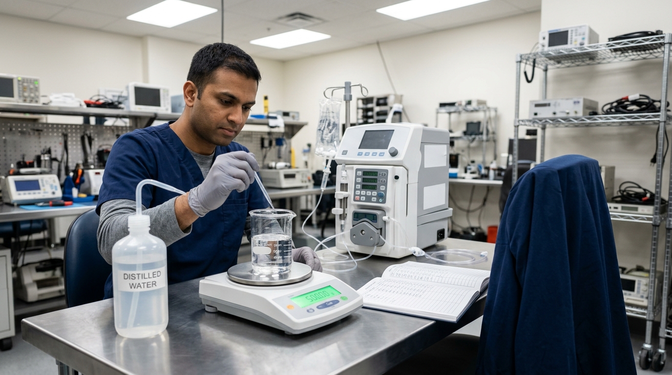 Biomedical technician performing an annual volumetric calibration test on an automated fluid delivery system using a digital scale and distilled water.