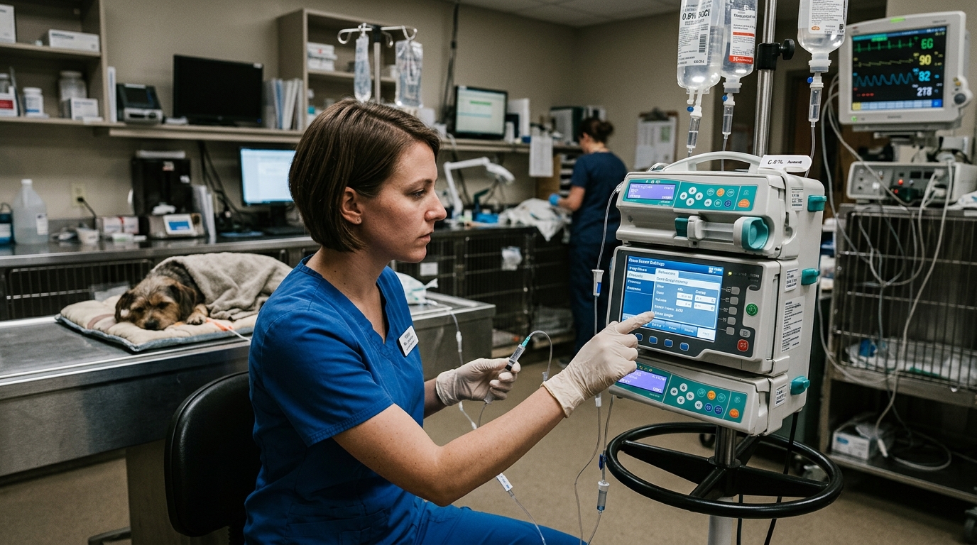 Veterinary technician configuring a dose error reduction system on a multi-channel infusion pump in a small animal ICU.