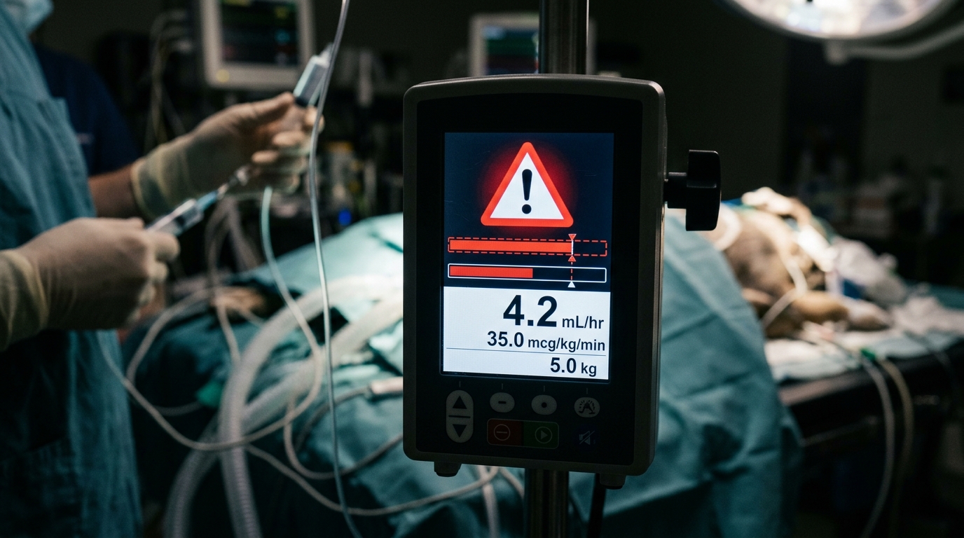 Close-up of an infusion pump screen displaying a hard limit alert for a weight-based propofol calculation during veterinary surgery.