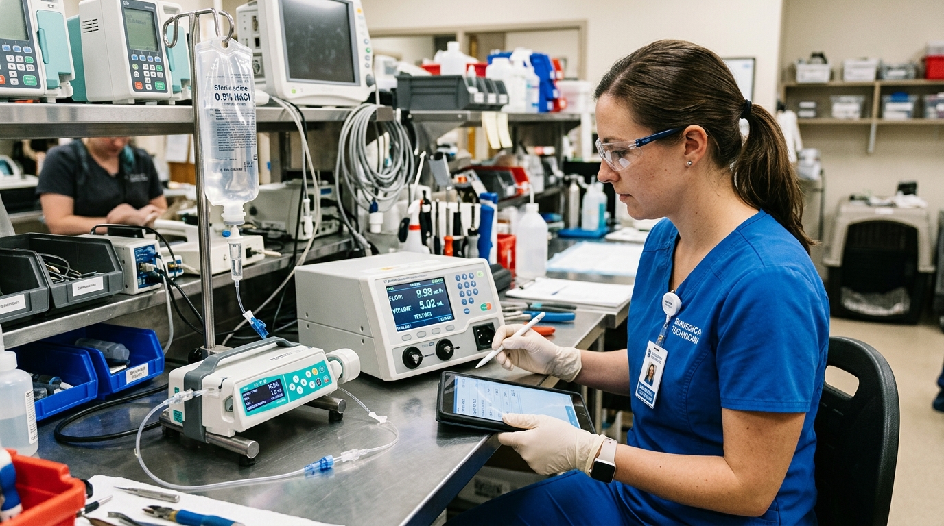 Biomedical technician performing a monthly calibration check on a veterinary infusion pump using precise volumetric testing equipment.