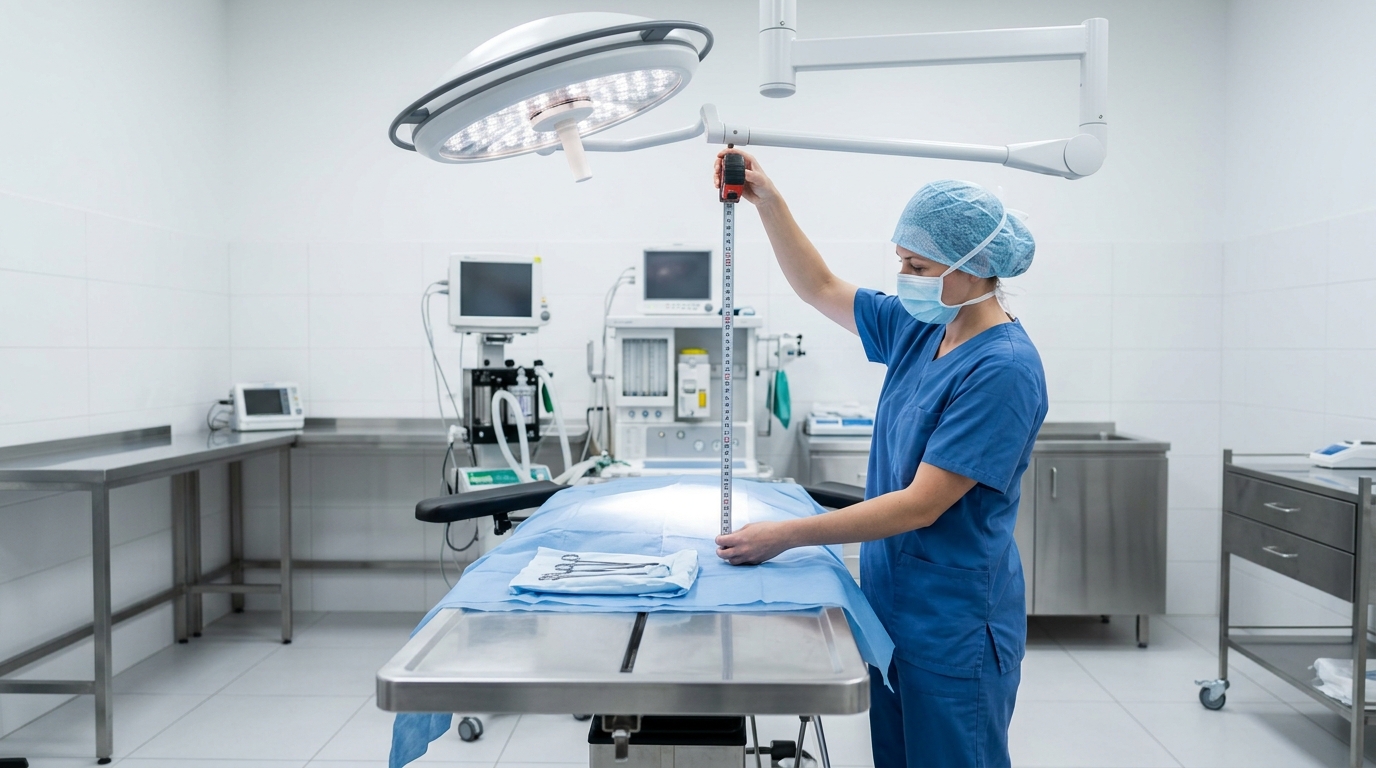 Veterinary technician conducting a spatial assessment in a sterile operating room, measuring clearance from the ceiling mount to the veterinary surgical table.