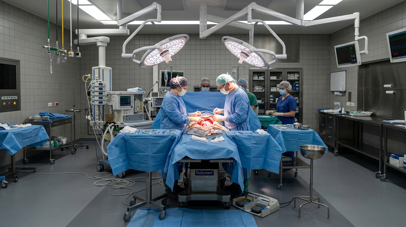 Dual-head ceiling LED operating lamp focused on a deep surgical cavity, highlighting the shadowless illumination and clear floor space around the table.
