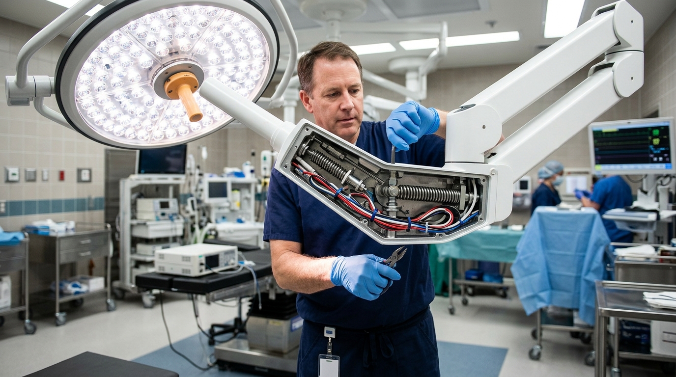 Clinical engineer inspecting the spring tension mechanism and internal wiring of an LED operating lamp's suspension arm to correct a drifting issue.